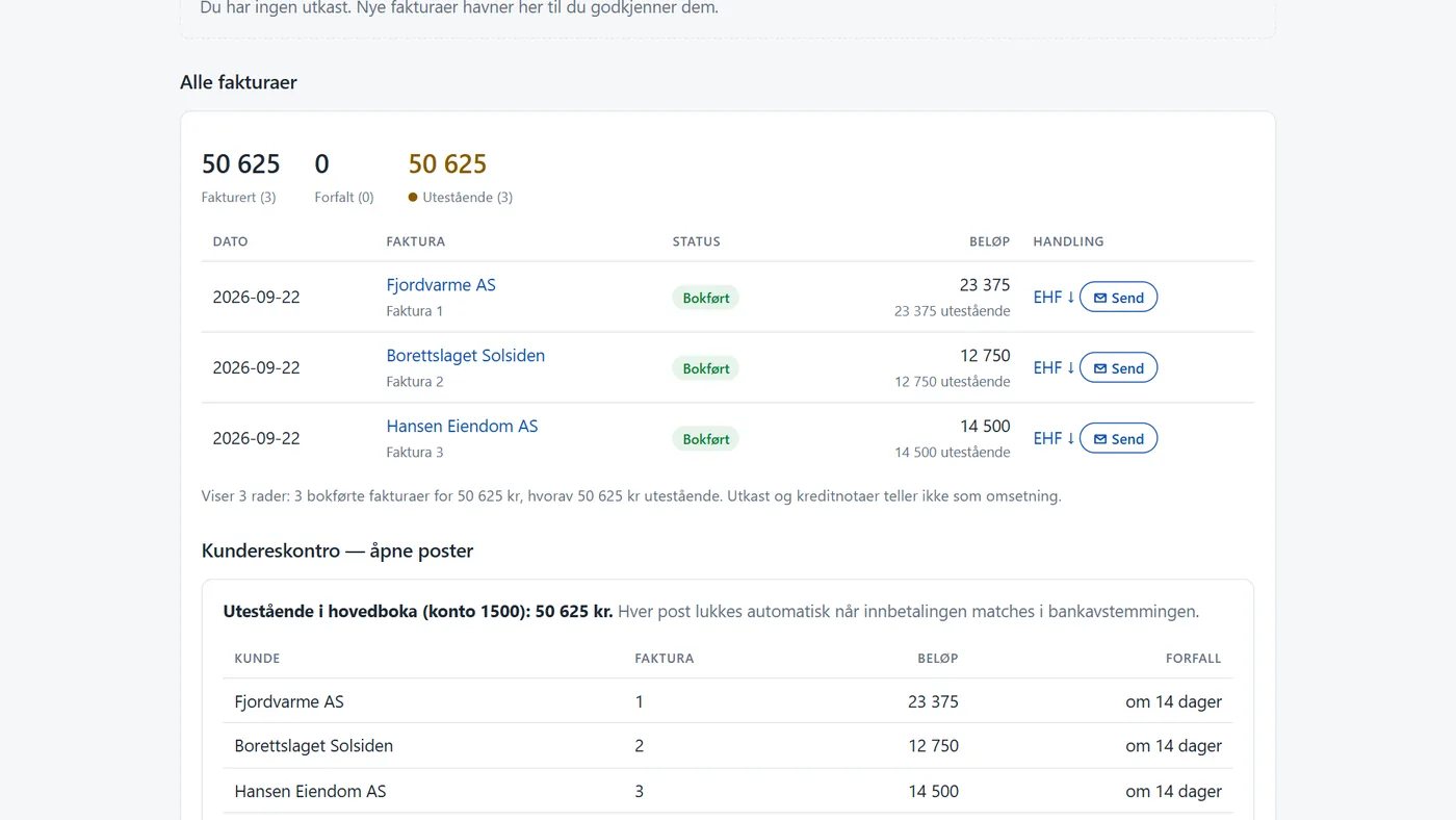 Fakturalista med tre fakturaer og kundereskontro